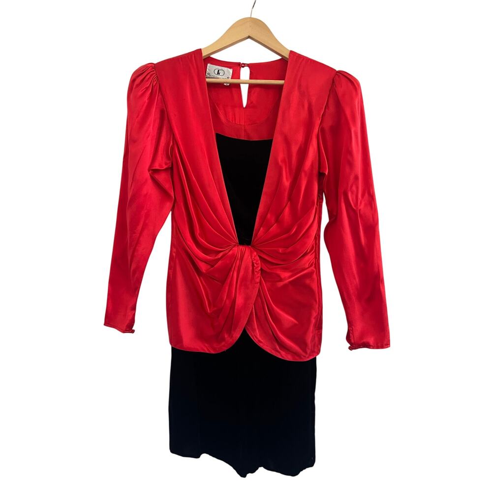 VTG Flora Kung Silk Red Black Mini Dress Front Twist Women 2 Career Event Formal